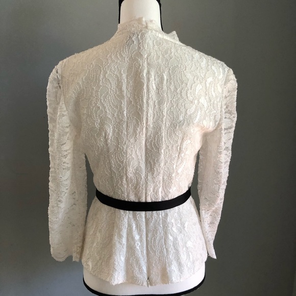 Elegant white lace top with black ribbon self tie. - Picture 3 of 7